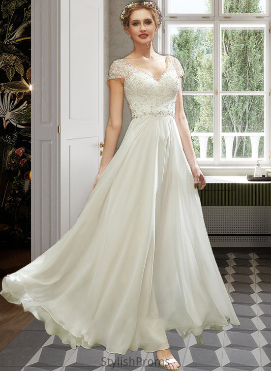 Destiny A-Line V-neck Floor-Length Wedding Dress With Lace Beading Sequins HQP0013784