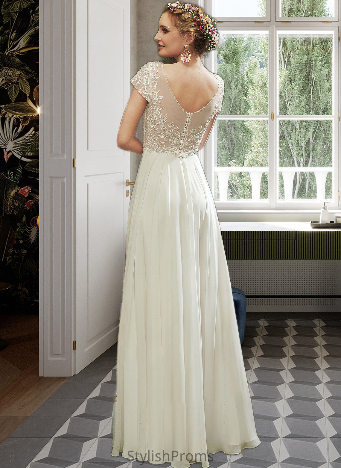 Destiny A-Line V-neck Floor-Length Wedding Dress With Lace Beading Sequins HQP0013784