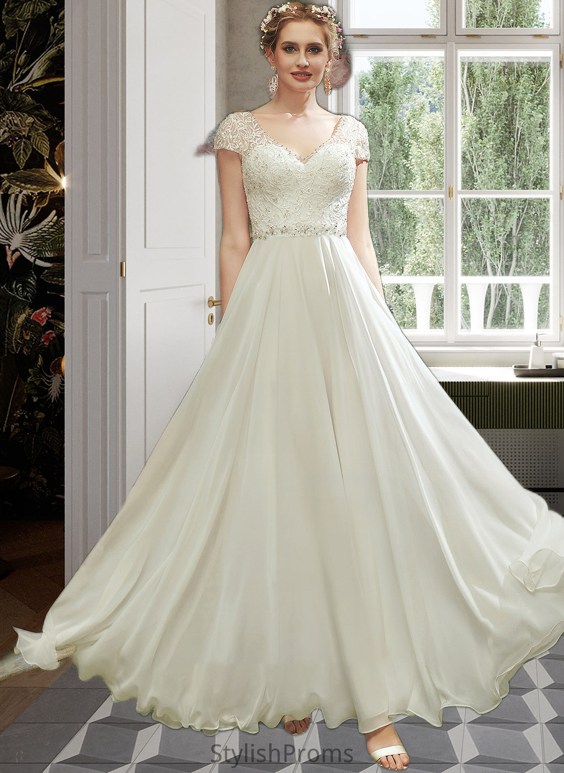 Destiny A-Line V-neck Floor-Length Wedding Dress With Lace Beading Sequins HQP0013784