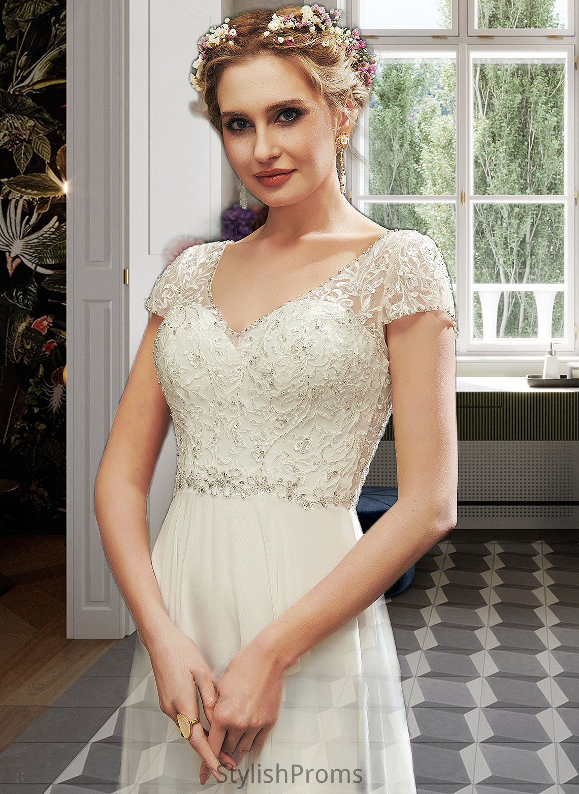 Destiny A-Line V-neck Floor-Length Wedding Dress With Lace Beading Sequins HQP0013784