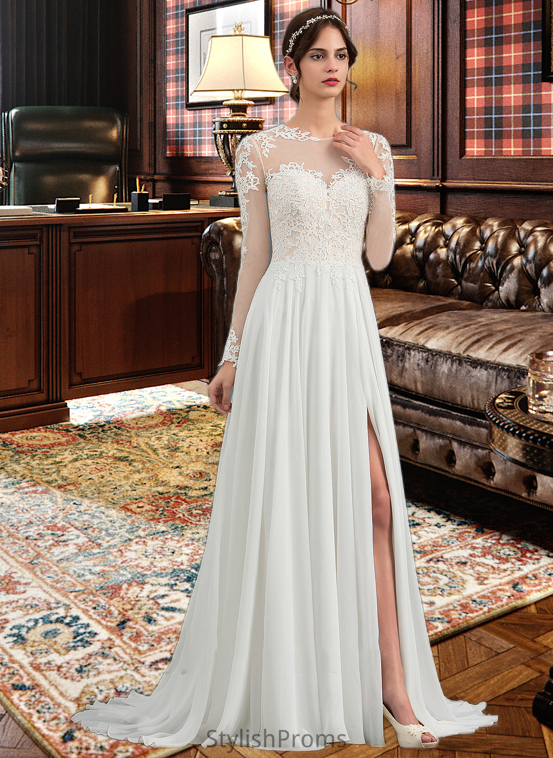 Penny A-Line Illusion Sweep Train Chiffon Wedding Dress With Appliques Lace Split Front HQP0013793