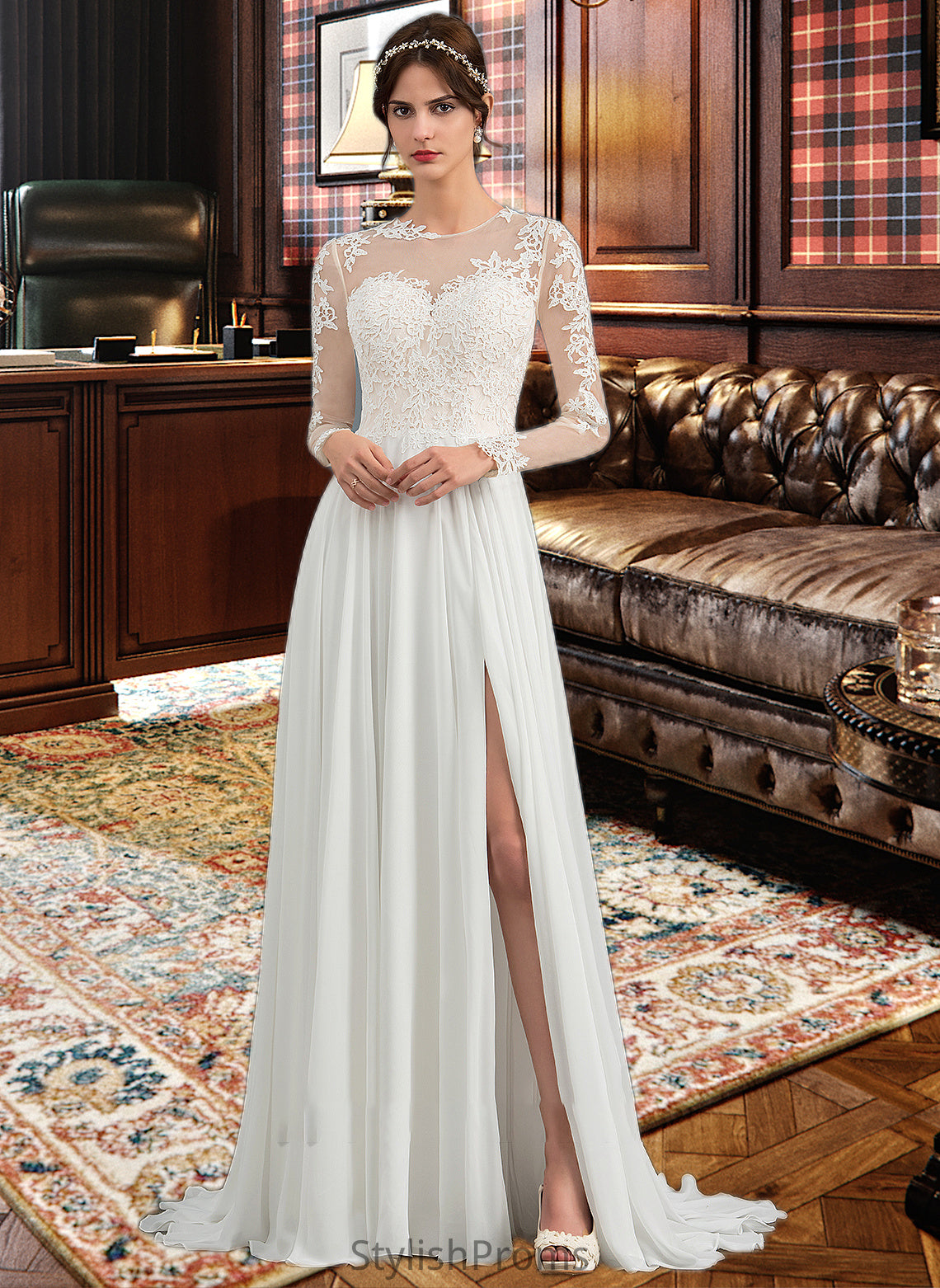 Penny A-Line Illusion Sweep Train Chiffon Wedding Dress With Appliques Lace Split Front HQP0013793