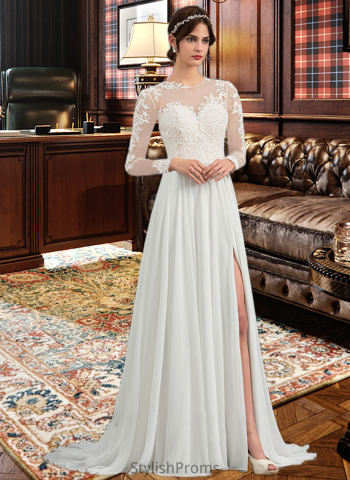 Penny A-Line Illusion Sweep Train Chiffon Wedding Dress With Appliques Lace Split Front HQP0013793