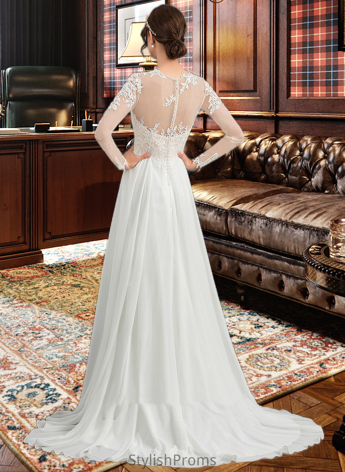 Penny A-Line Illusion Sweep Train Chiffon Wedding Dress With Appliques Lace Split Front HQP0013793