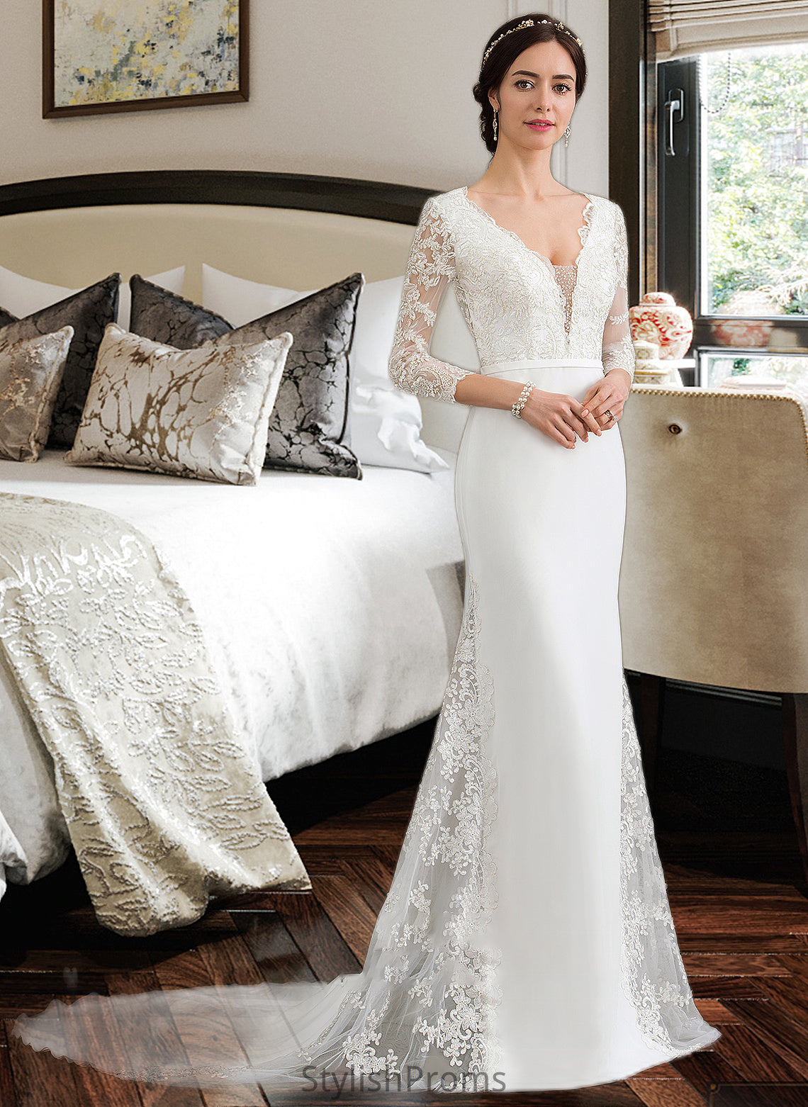 Camille Trumpet/Mermaid V-neck Chapel Train Chiffon Wedding Dress With Beading Sequins HQP0013795