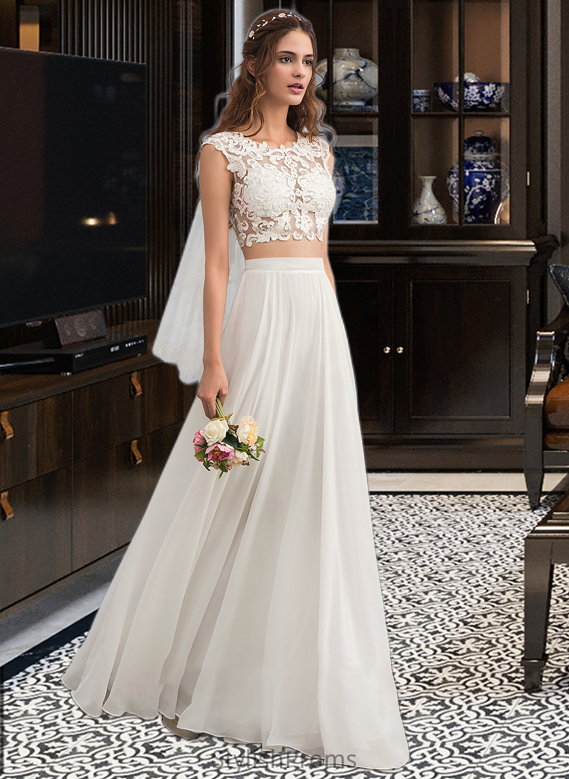 Giuliana A-Line Scoop Neck Floor-Length Chiffon Wedding Dress With Beading Sequins HQP0013799