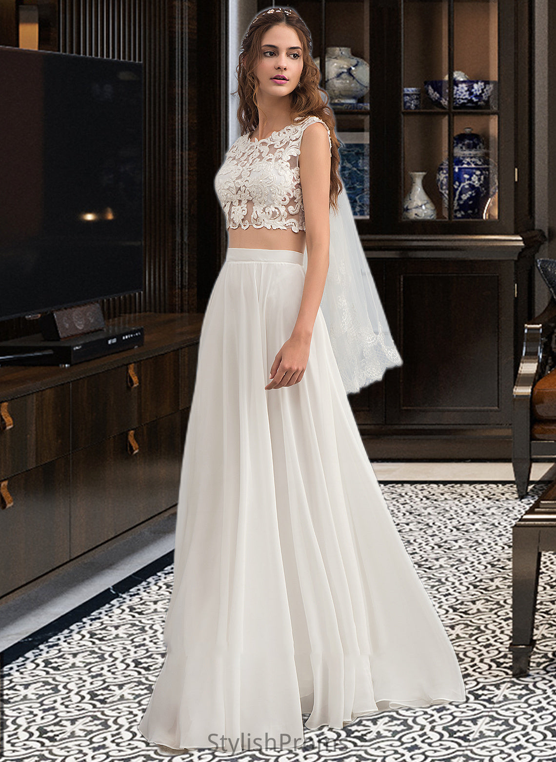 Giuliana A-Line Scoop Neck Floor-Length Chiffon Wedding Dress With Beading Sequins HQP0013799