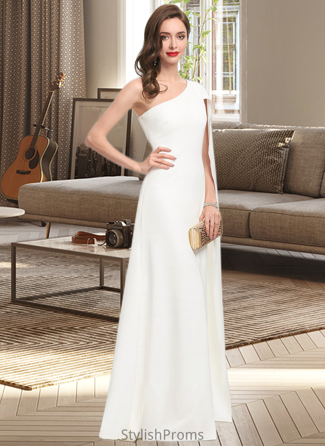 Ariel Sheath/Column One-Shoulder Floor-Length Stretch Crepe Wedding Dress HQP0013801