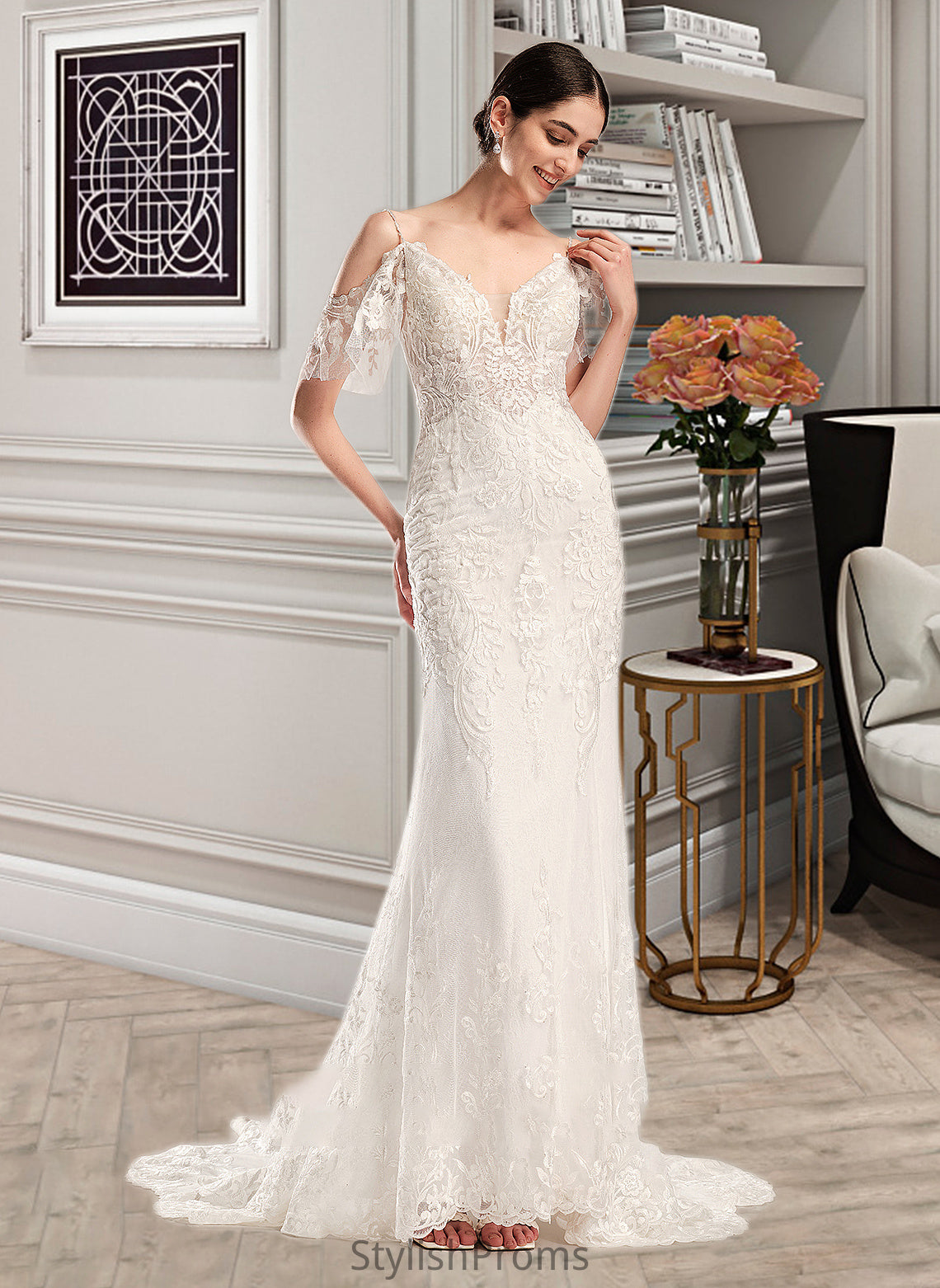 Azaria Trumpet/Mermaid V-neck Chapel Train Wedding Dress With Beading Sequins HQP0013802