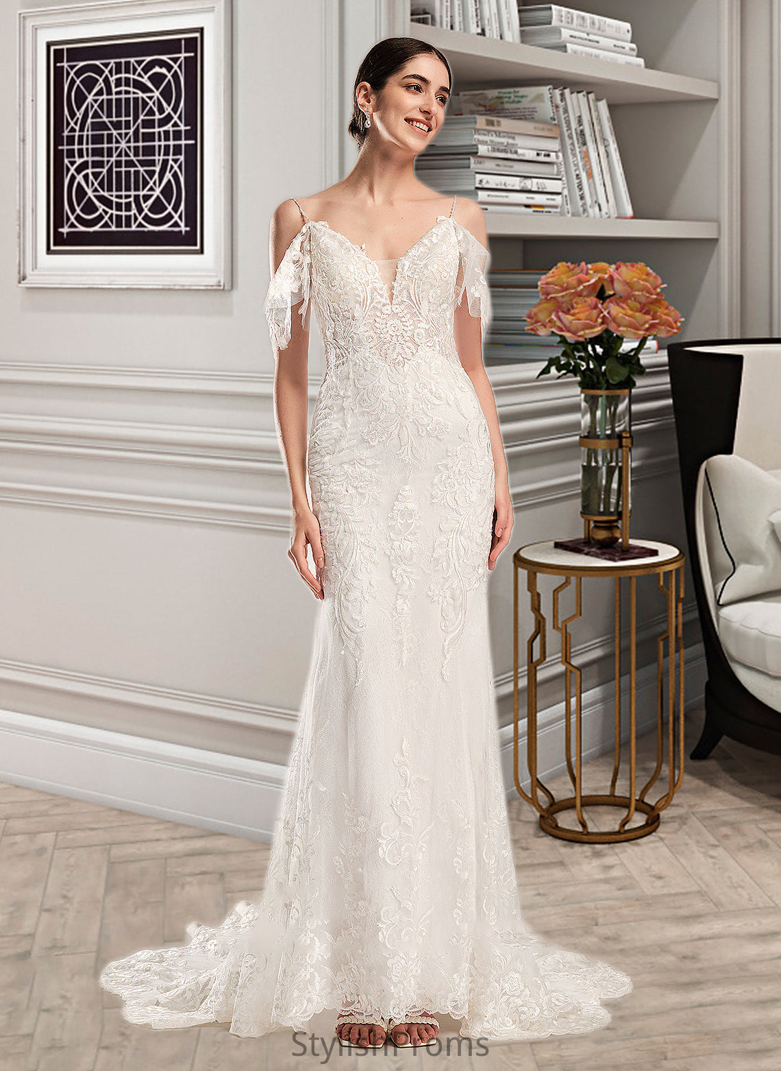 Azaria Trumpet/Mermaid V-neck Chapel Train Wedding Dress With Beading Sequins HQP0013802