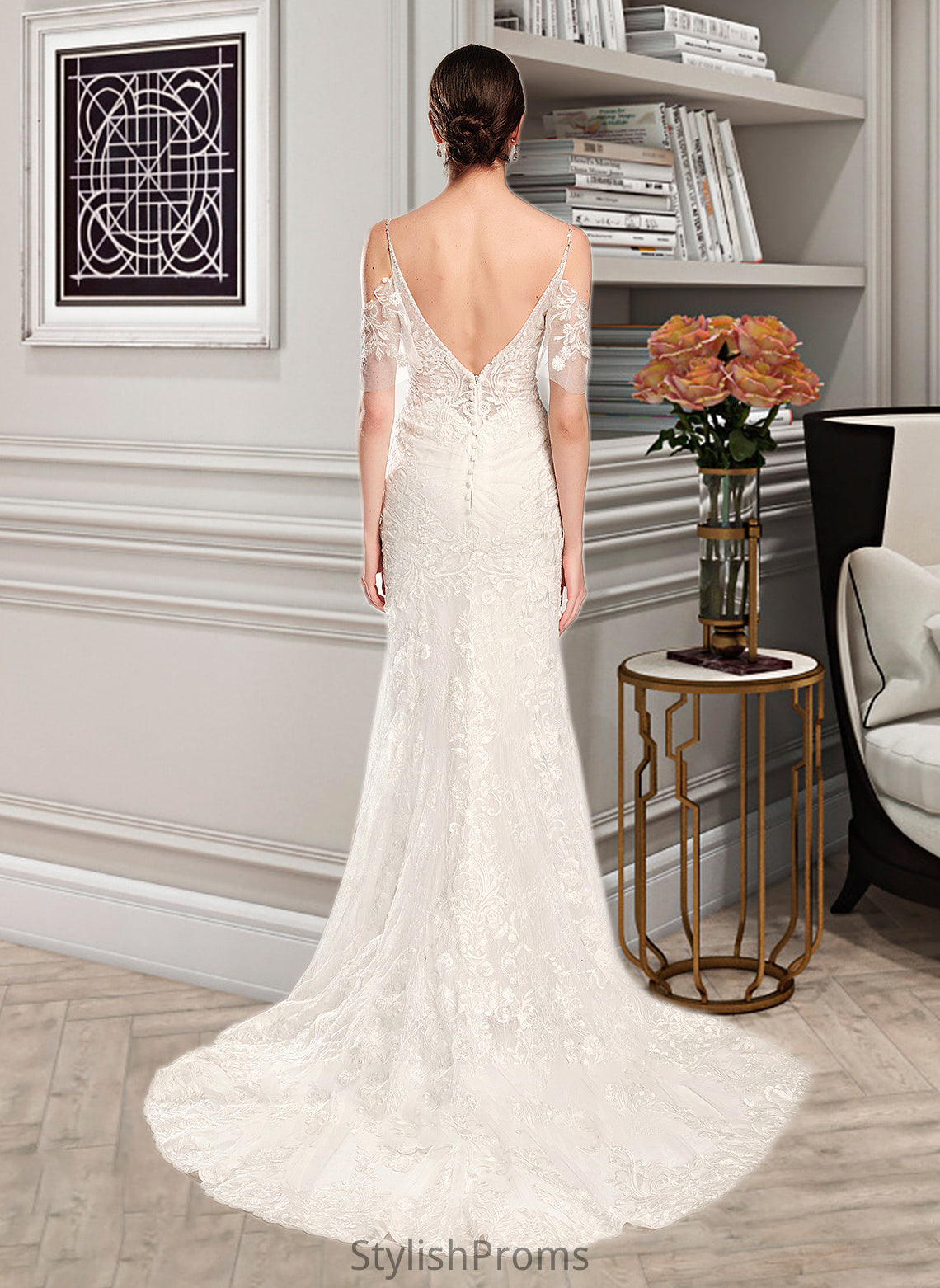 Azaria Trumpet/Mermaid V-neck Chapel Train Wedding Dress With Beading Sequins HQP0013802