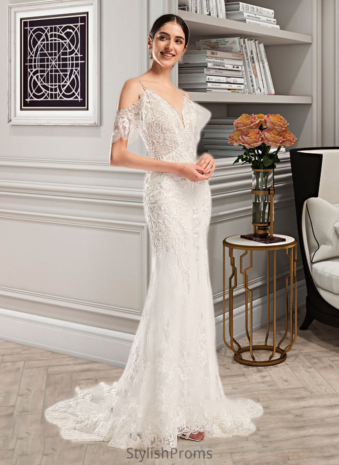 Azaria Trumpet/Mermaid V-neck Chapel Train Wedding Dress With Beading Sequins HQP0013802