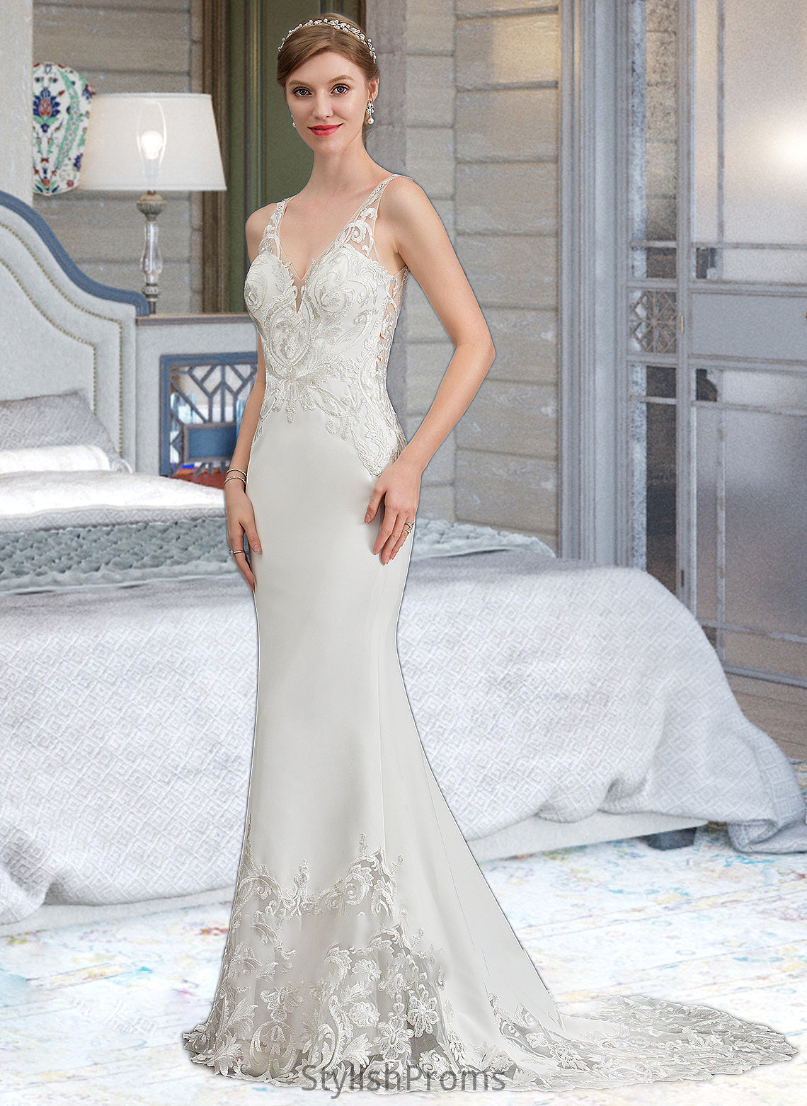 Janiah Trumpet/Mermaid V-neck Court Train Stretch Crepe Wedding Dress HQP0013803