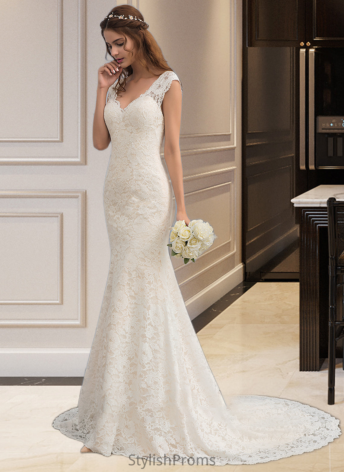 Emmalee Trumpet/Mermaid V-neck Court Train Lace Wedding Dress HQP0013804