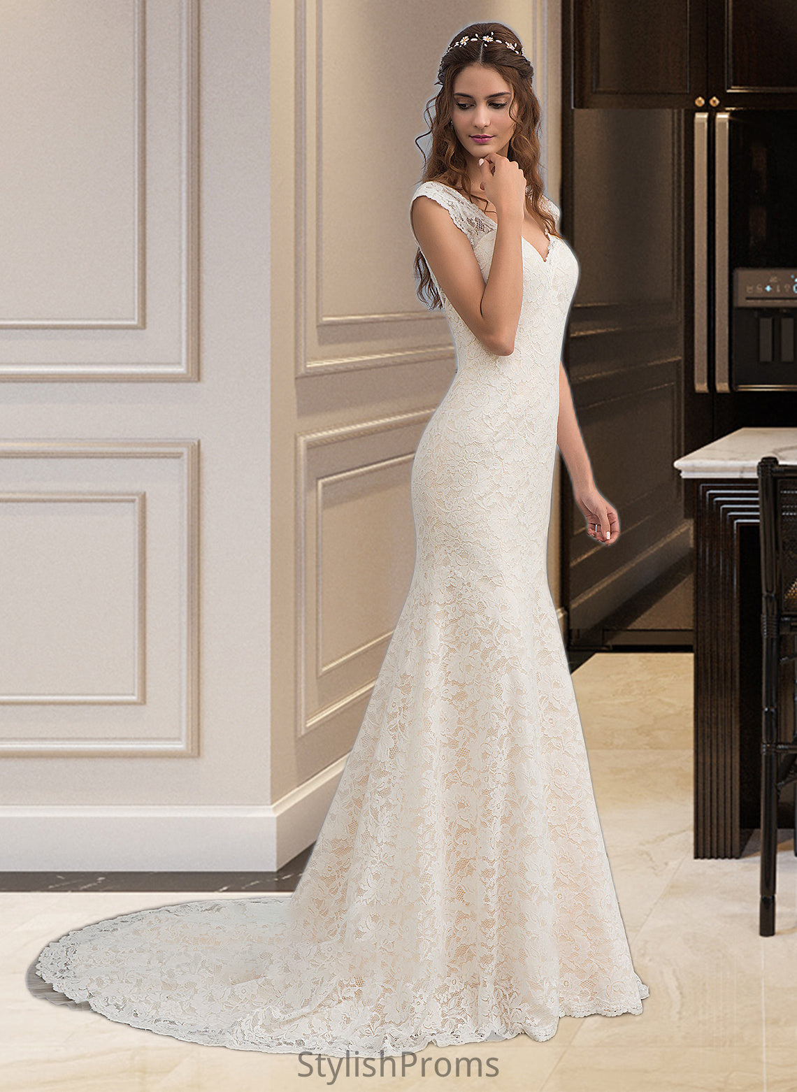 Emmalee Trumpet/Mermaid V-neck Court Train Lace Wedding Dress HQP0013804