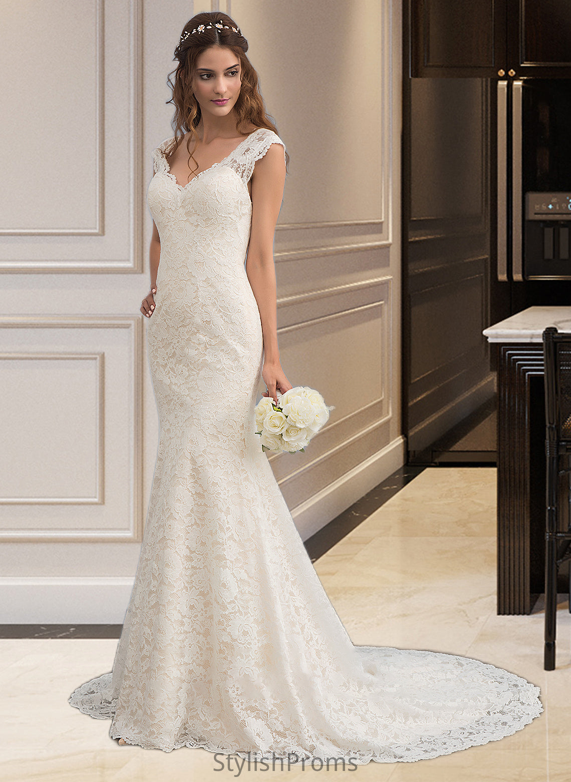 Emmalee Trumpet/Mermaid V-neck Court Train Lace Wedding Dress HQP0013804