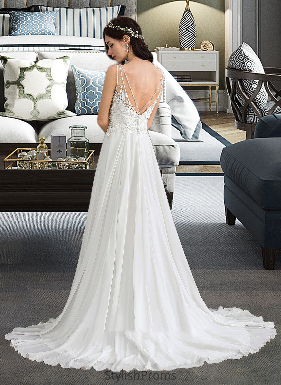 Sierra A-Line V-neck Sweep Train Chiffon Wedding Dress With Beading Sequins Split Front HQP0013806