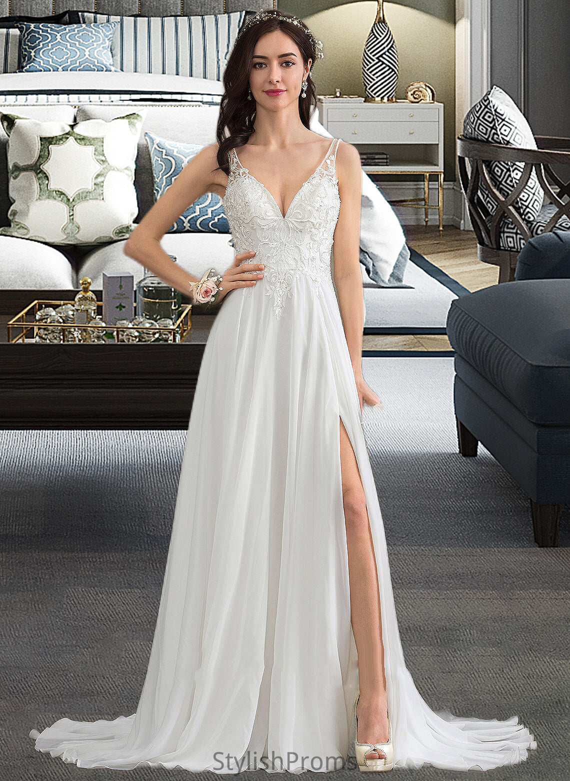 Sierra A-Line V-neck Sweep Train Chiffon Wedding Dress With Beading Sequins Split Front HQP0013806