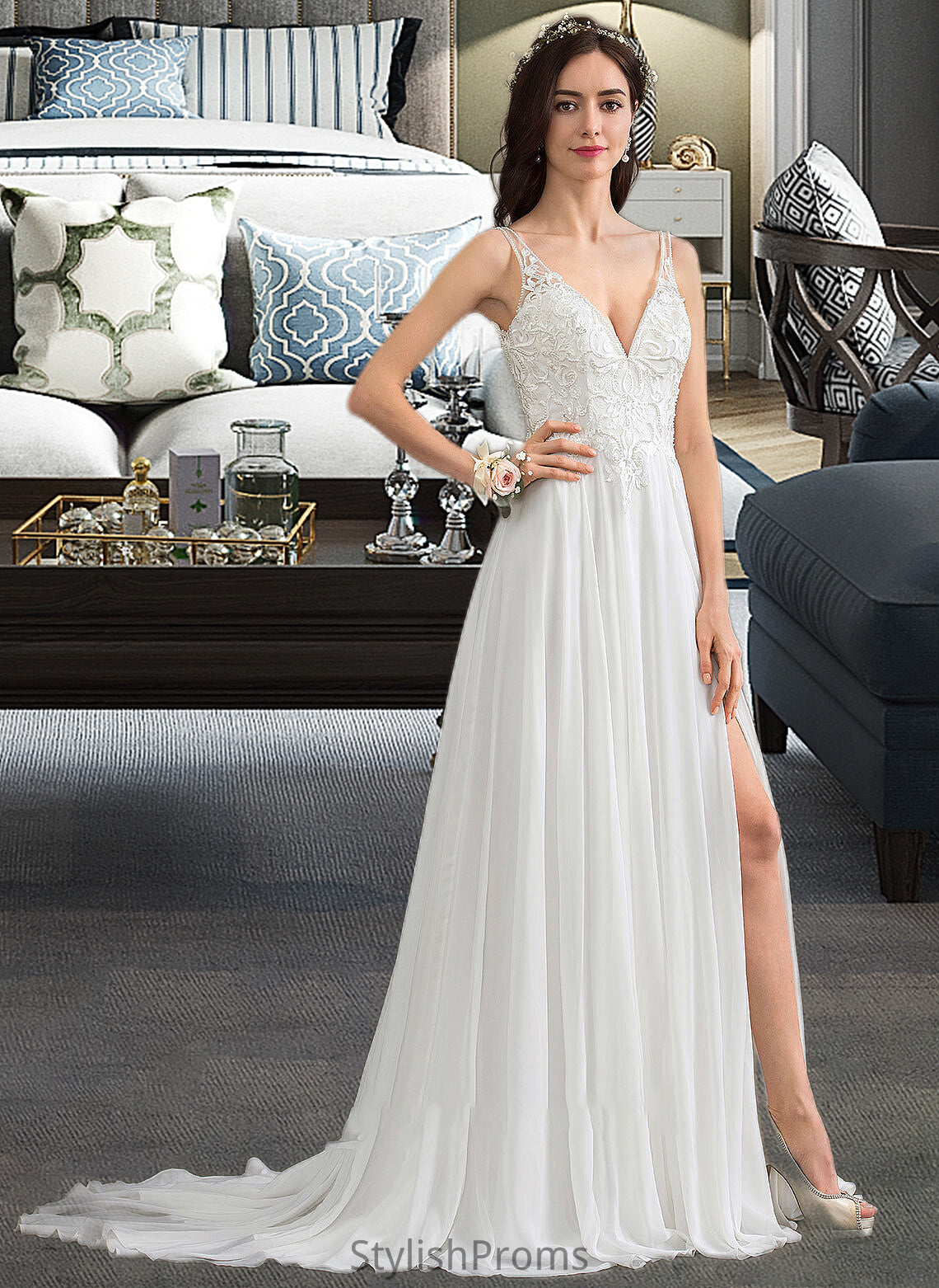 Sierra A-Line V-neck Sweep Train Chiffon Wedding Dress With Beading Sequins Split Front HQP0013806