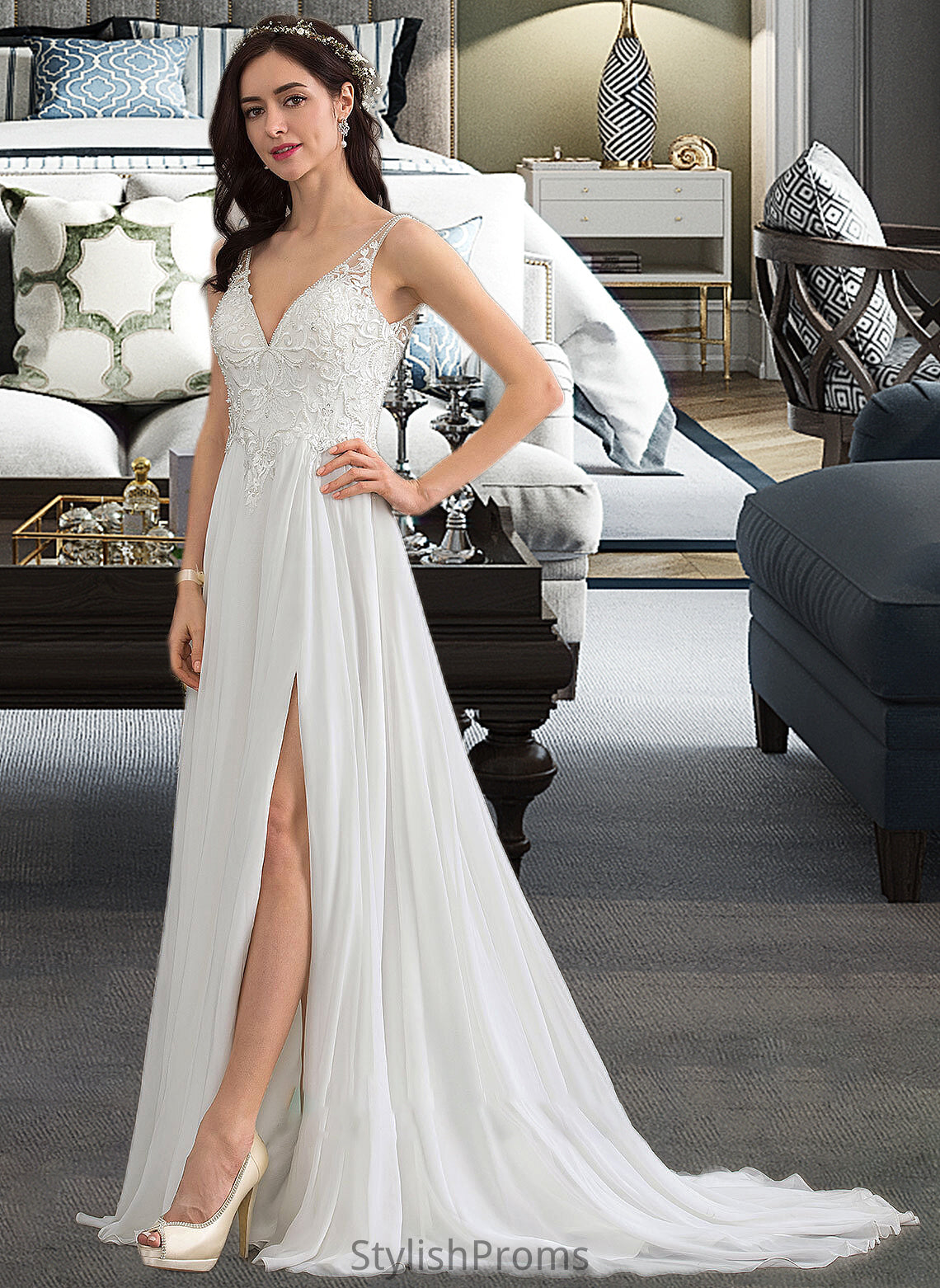 Sierra A-Line V-neck Sweep Train Chiffon Wedding Dress With Beading Sequins Split Front HQP0013806