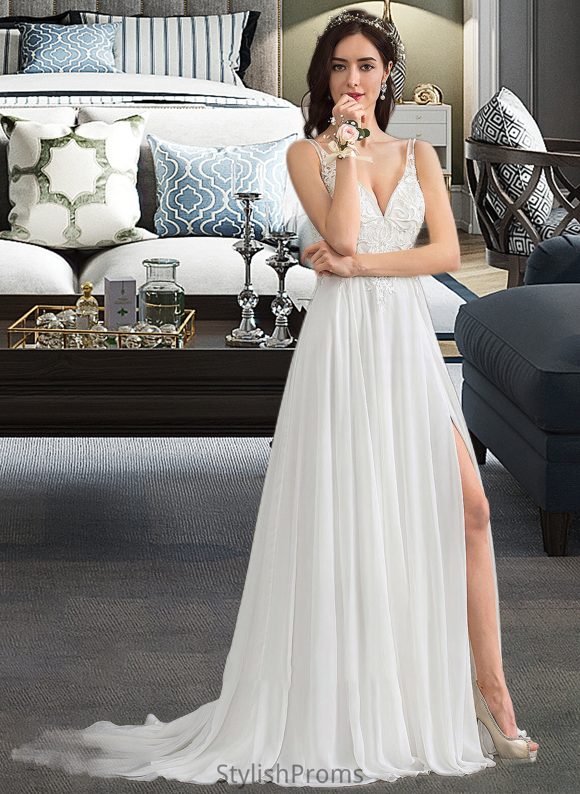 Sierra A-Line V-neck Sweep Train Chiffon Wedding Dress With Beading Sequins Split Front HQP0013806