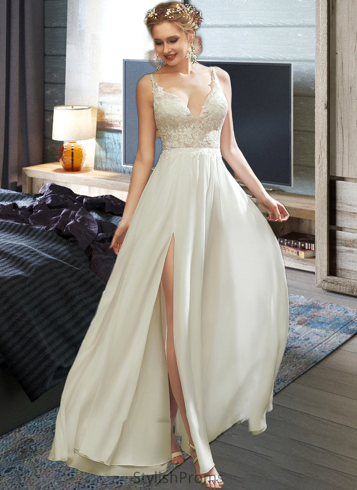 Poll A-Line V-neck Floor-Length Wedding Dress With Lace Split Front HQP0013815