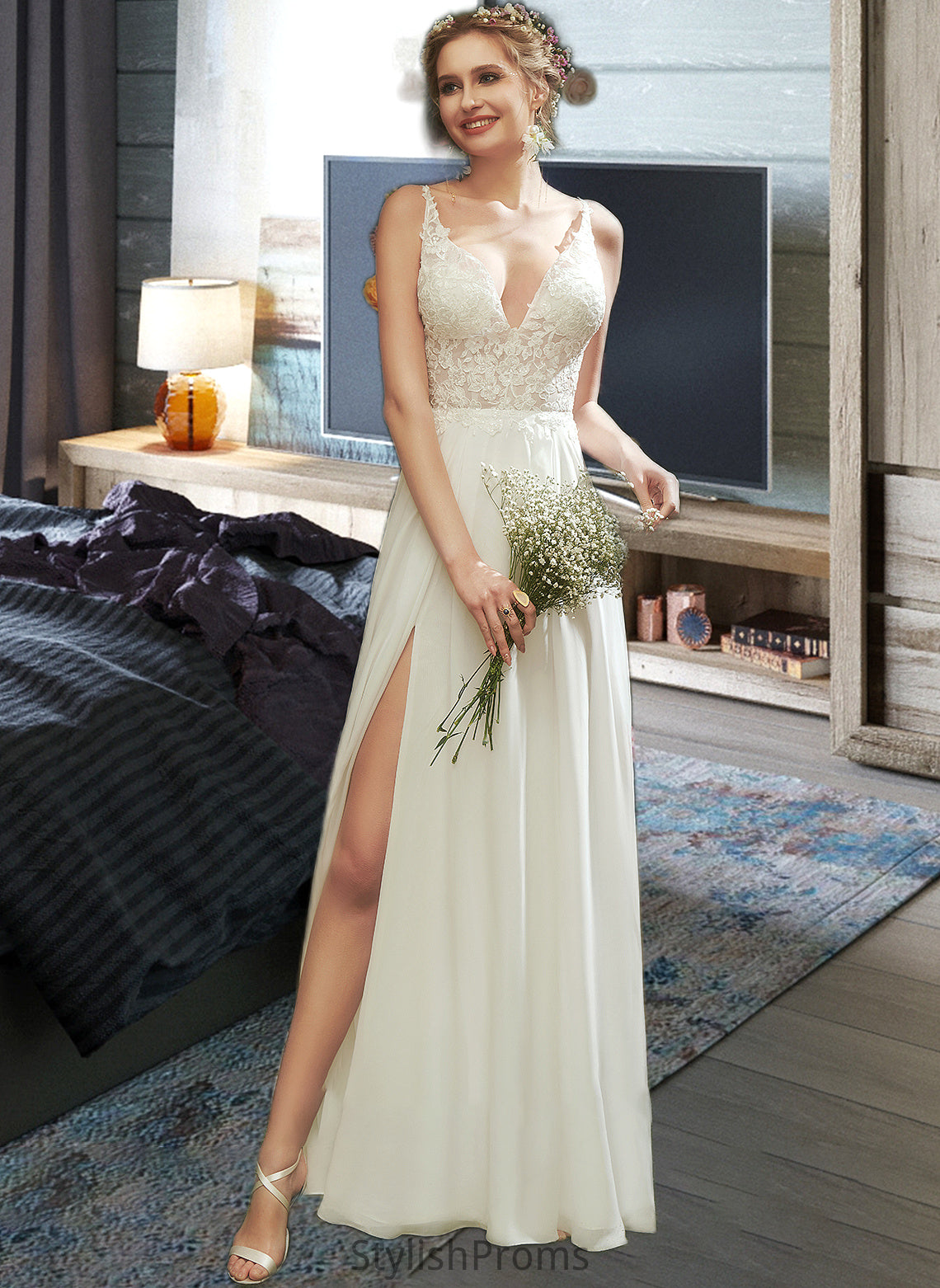 Poll A-Line V-neck Floor-Length Wedding Dress With Lace Split Front HQP0013815