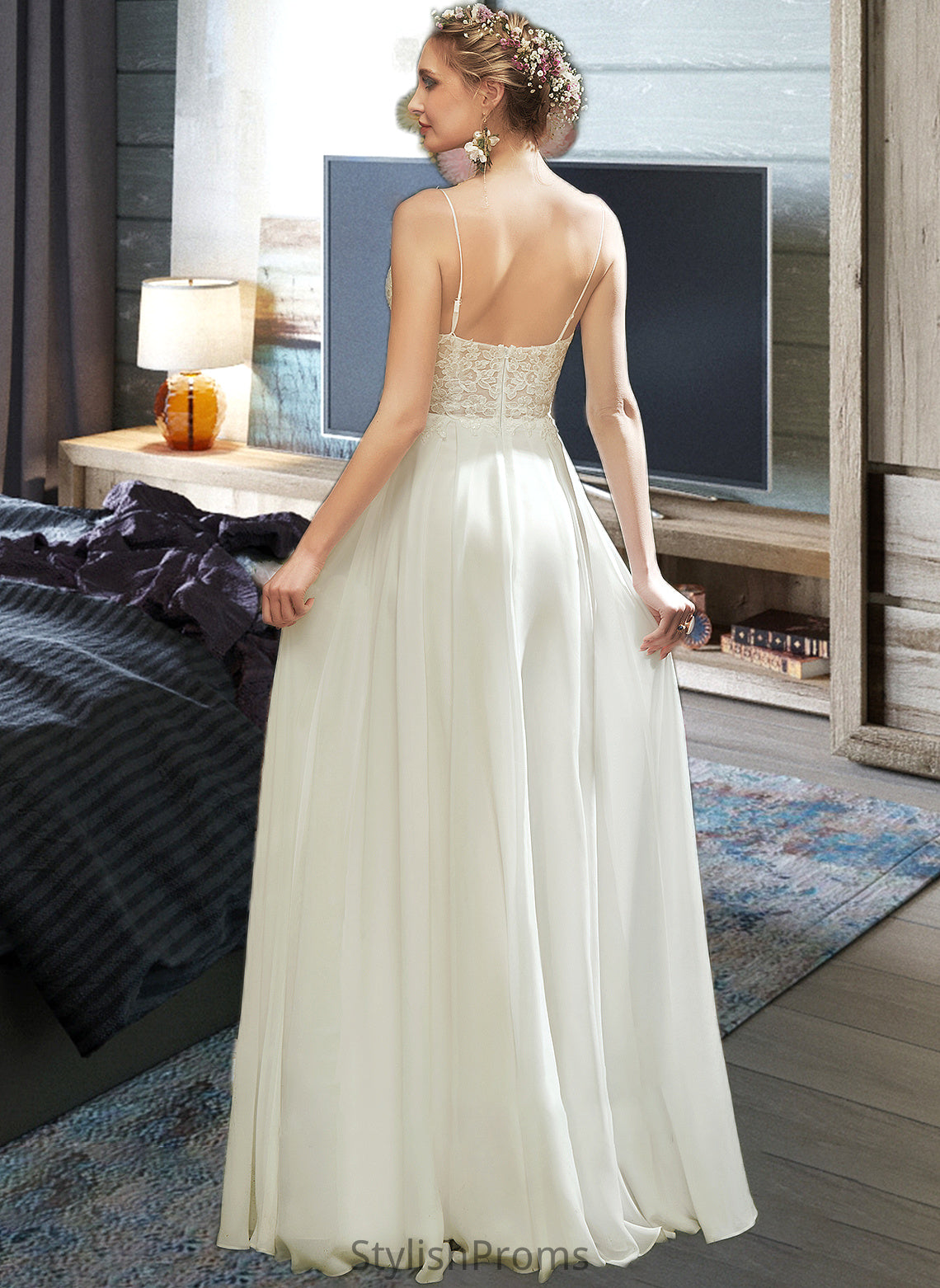 Poll A-Line V-neck Floor-Length Wedding Dress With Lace Split Front HQP0013815