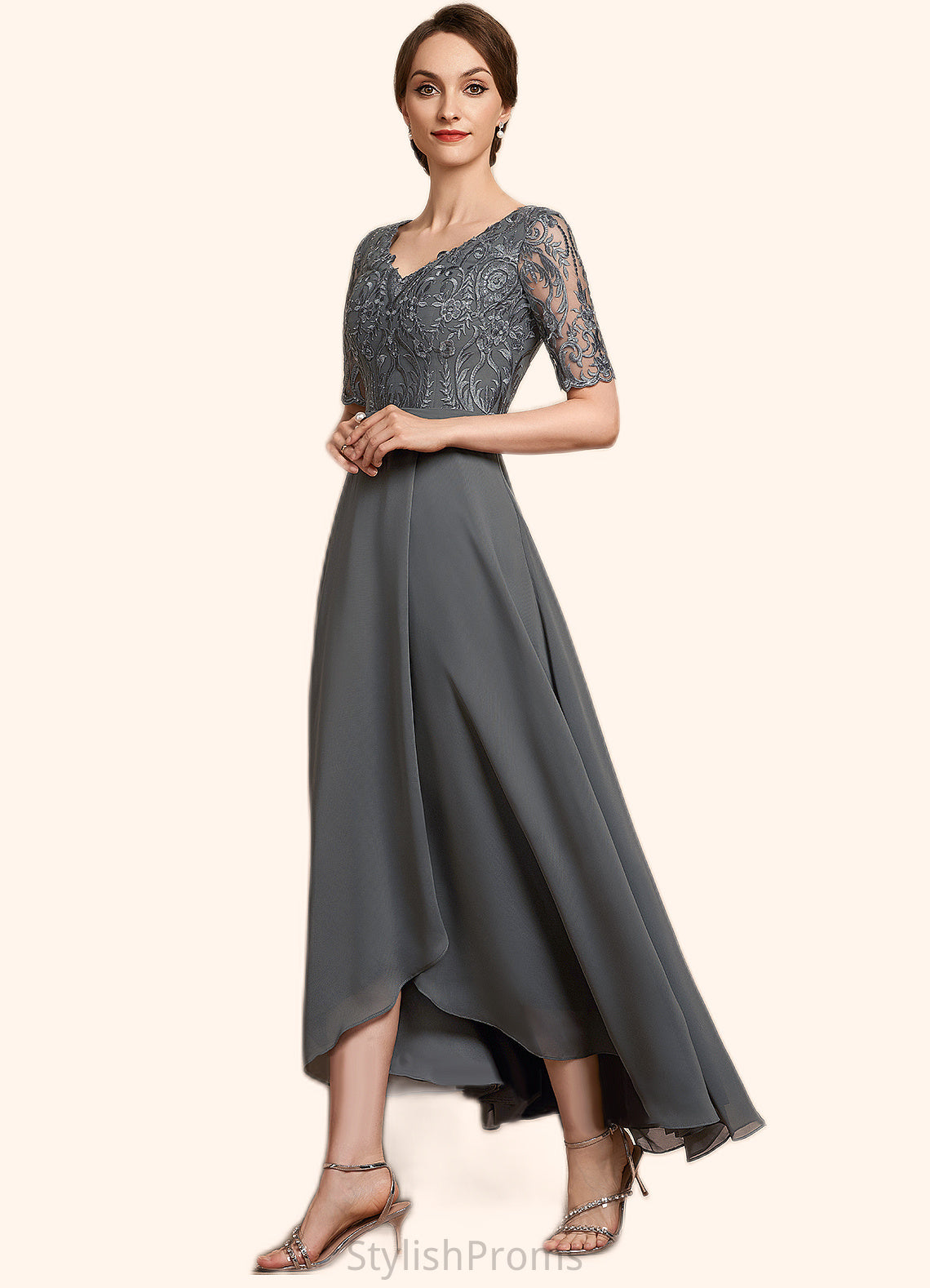 Paloma A-Line V-neck Asymmetrical Chiffon Lace Mother of the Bride Dress HQ126P0014772