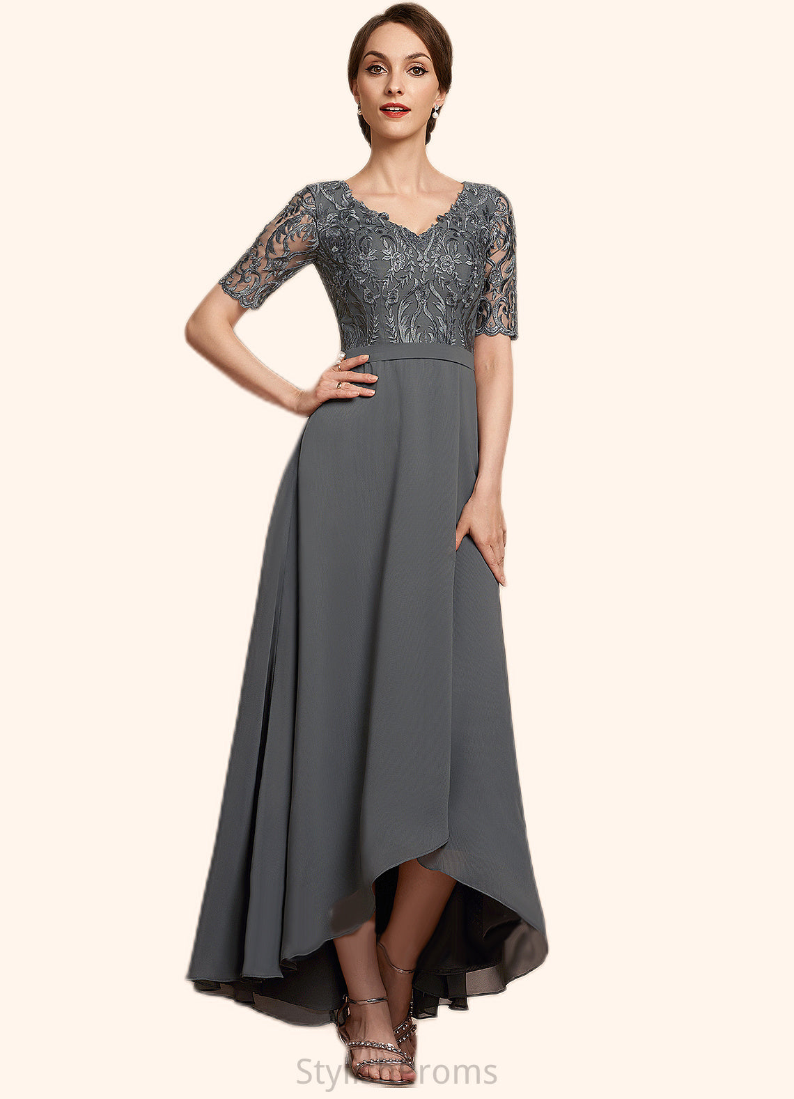 Paloma A-Line V-neck Asymmetrical Chiffon Lace Mother of the Bride Dress HQ126P0014772