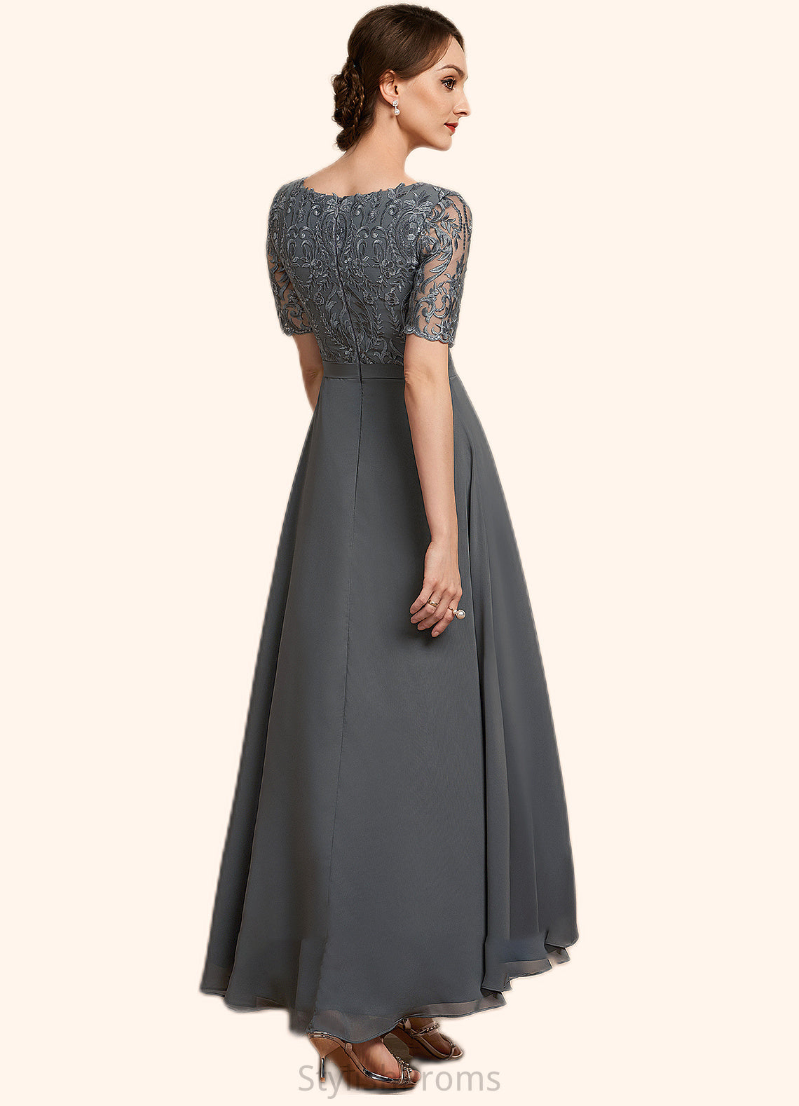 Paloma A-Line V-neck Asymmetrical Chiffon Lace Mother of the Bride Dress HQ126P0014772