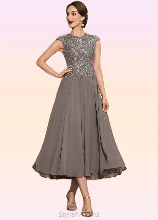 Jaiden A-Line Scoop Neck Tea-Length Chiffon Lace Mother of the Bride Dress With Beading HQ126P0014774