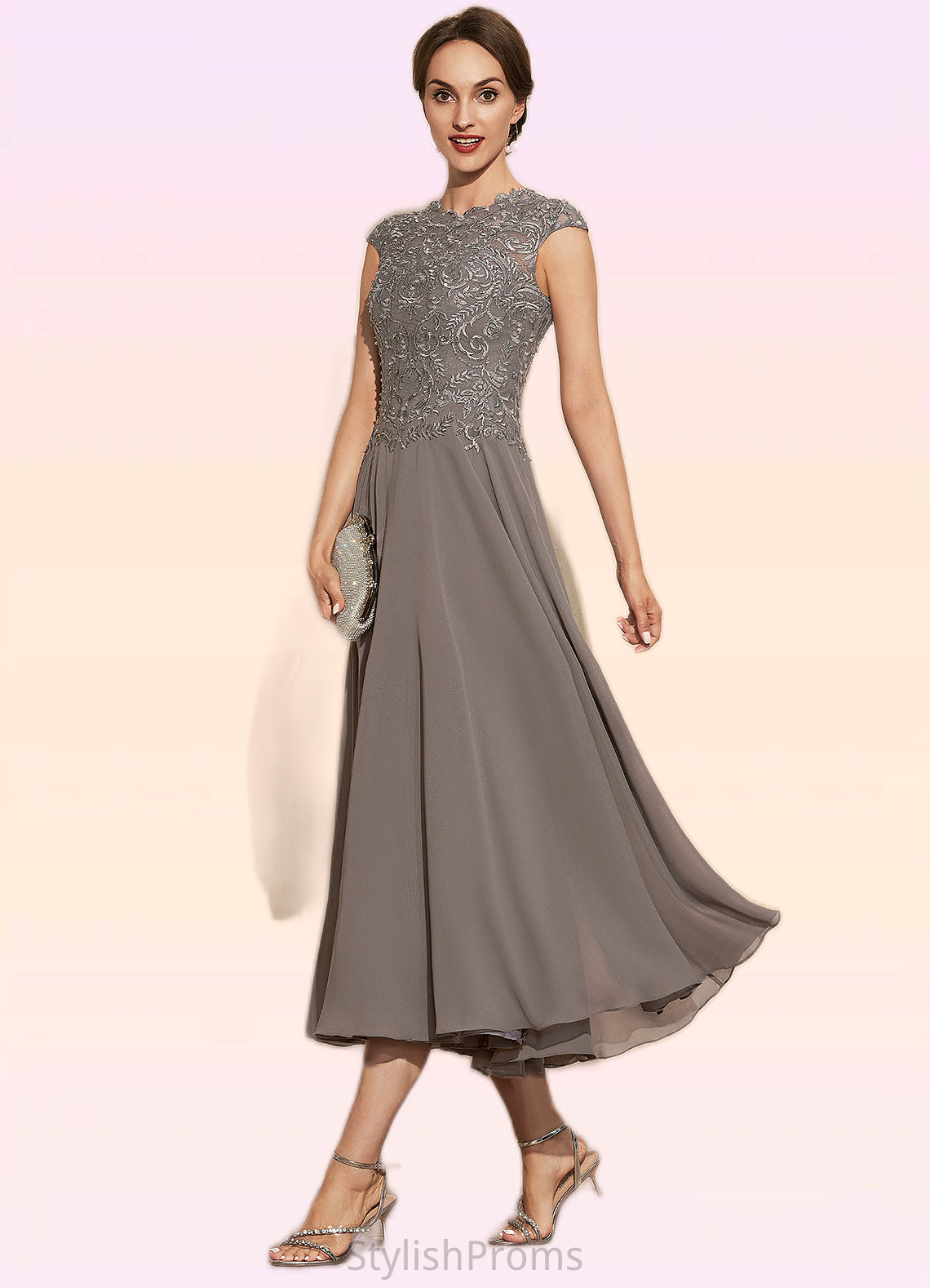 Jaiden A-Line Scoop Neck Tea-Length Chiffon Lace Mother of the Bride Dress With Beading HQ126P0014774