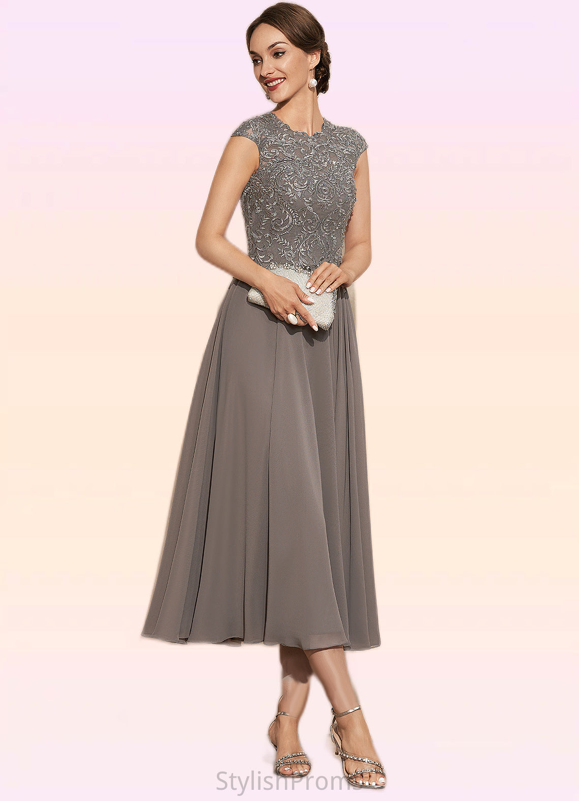 Jaiden A-Line Scoop Neck Tea-Length Chiffon Lace Mother of the Bride Dress With Beading HQ126P0014774