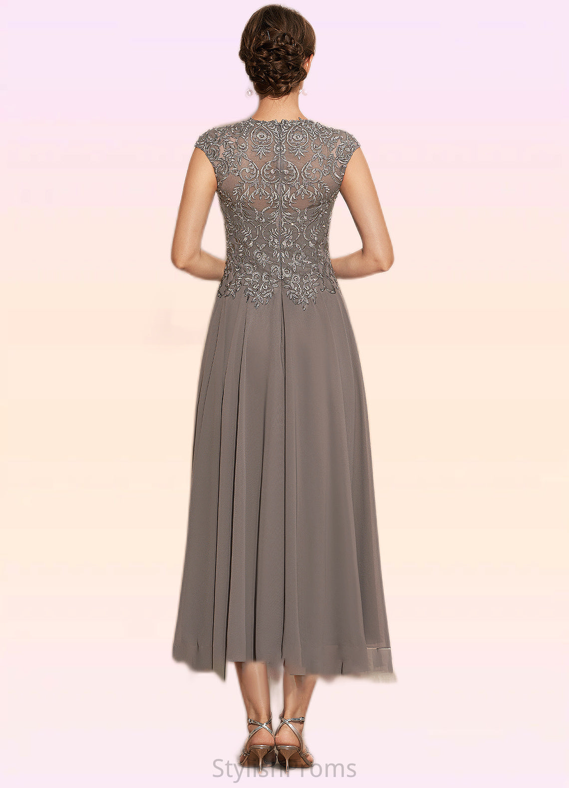 Jaiden A-Line Scoop Neck Tea-Length Chiffon Lace Mother of the Bride Dress With Beading HQ126P0014774