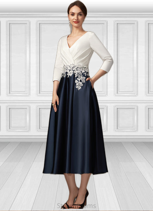 Adelaide A-Line V-neck Tea-Length Satin Mother of the Bride Dress With Ruffle Appliques Lace Pockets HQ126P0014778