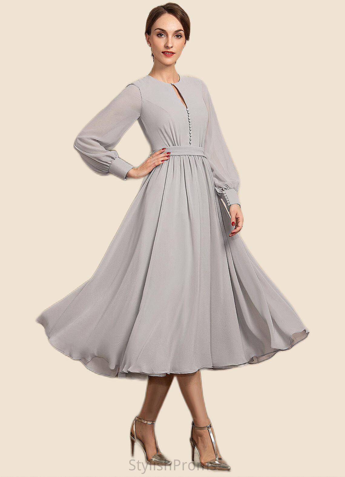 Alicia A-Line Scoop Neck Tea-Length Chiffon Mother of the Bride Dress With Bow(s) HQ126P0014779