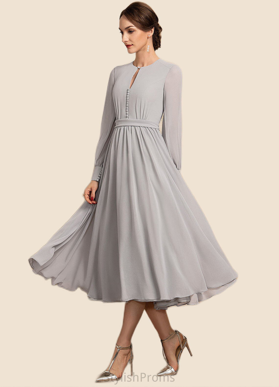 Alicia A-Line Scoop Neck Tea-Length Chiffon Mother of the Bride Dress With Bow(s) HQ126P0014779