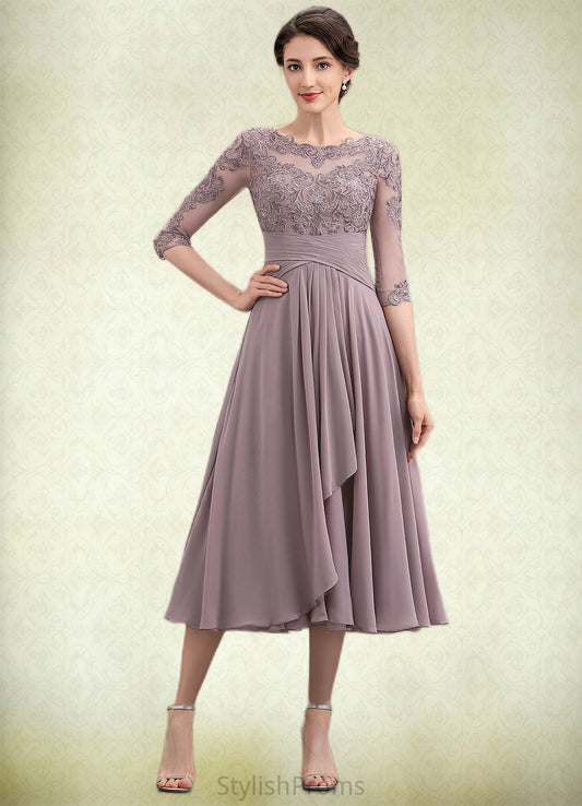 Alexa A-Line Scoop Neck Tea-Length Chiffon Lace Mother of the Bride Dress With Cascading Ruffles HQ126P0014780