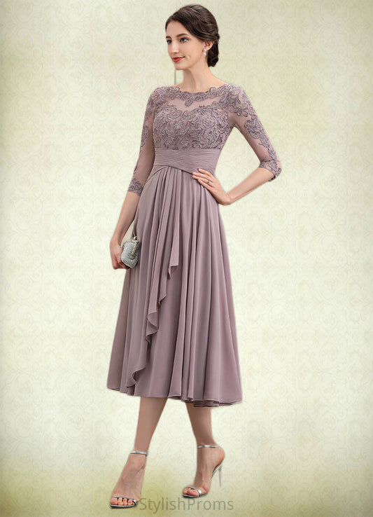 Alexa A-Line Scoop Neck Tea-Length Chiffon Lace Mother of the Bride Dress With Cascading Ruffles HQ126P0014780