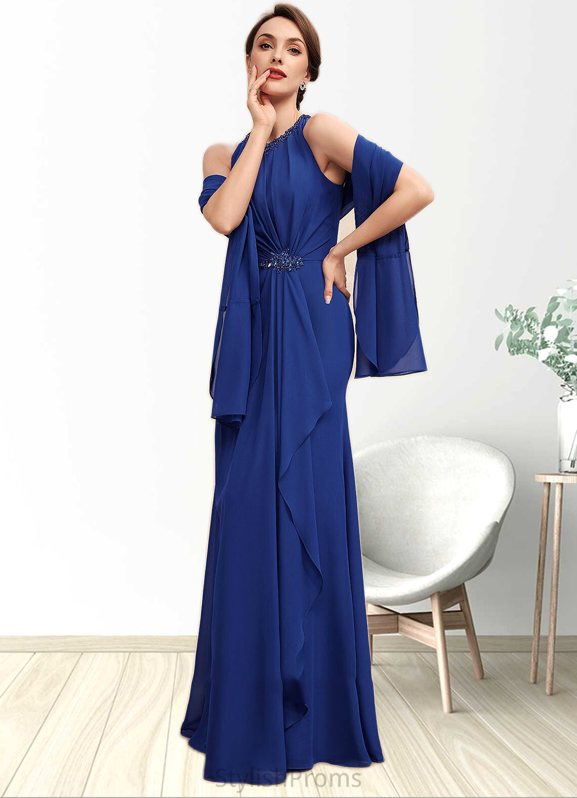 Joselyn A-Line Scoop Neck Floor-Length Chiffon Mother of the Bride Dress With Beading Cascading Ruffles HQ126P0014781