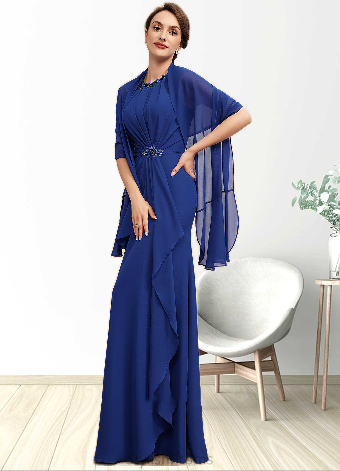 Joselyn A-Line Scoop Neck Floor-Length Chiffon Mother of the Bride Dress With Beading Cascading Ruffles HQ126P0014781