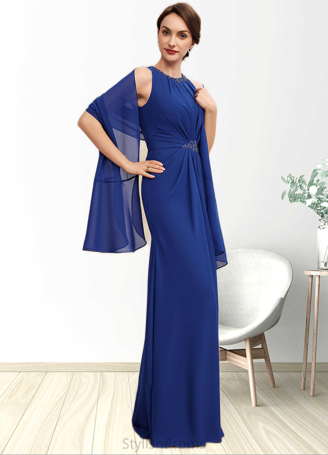 Joselyn A-Line Scoop Neck Floor-Length Chiffon Mother of the Bride Dress With Beading Cascading Ruffles HQ126P0014781