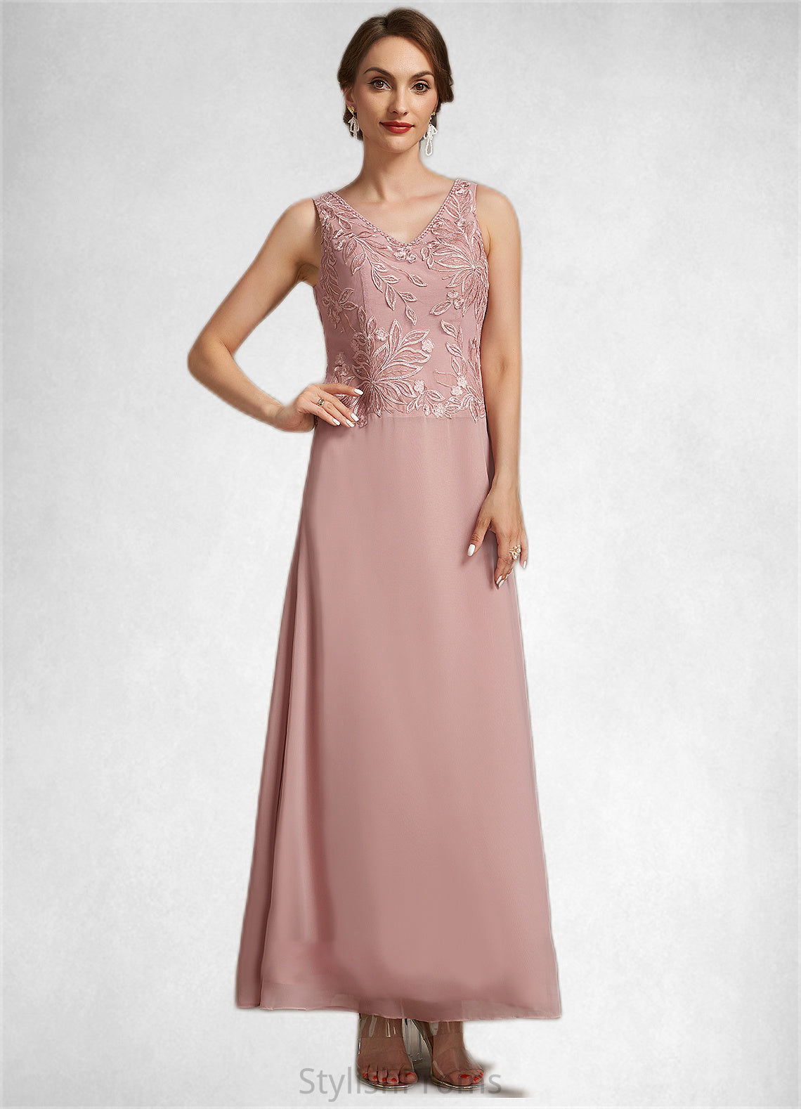 Audrey A-Line V-neck Ankle-Length Chiffon Lace Mother of the Bride Dress With Beading Sequins HQ126P0014784