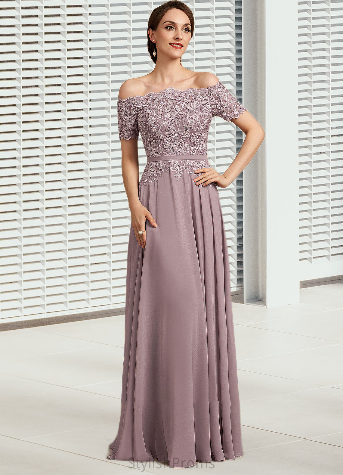 Evelyn A-Line Off-the-Shoulder Floor-Length Chiffon Lace Mother of the Bride Dress With Beading Sequins HQ126P0014785