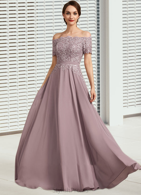 Evelyn A-Line Off-the-Shoulder Floor-Length Chiffon Lace Mother of the Bride Dress With Beading Sequins HQ126P0014785