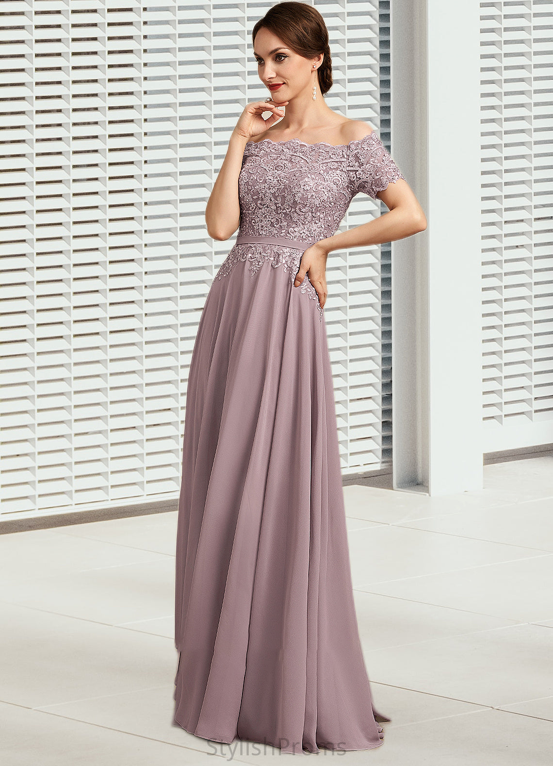 Evelyn A-Line Off-the-Shoulder Floor-Length Chiffon Lace Mother of the Bride Dress With Beading Sequins HQ126P0014785