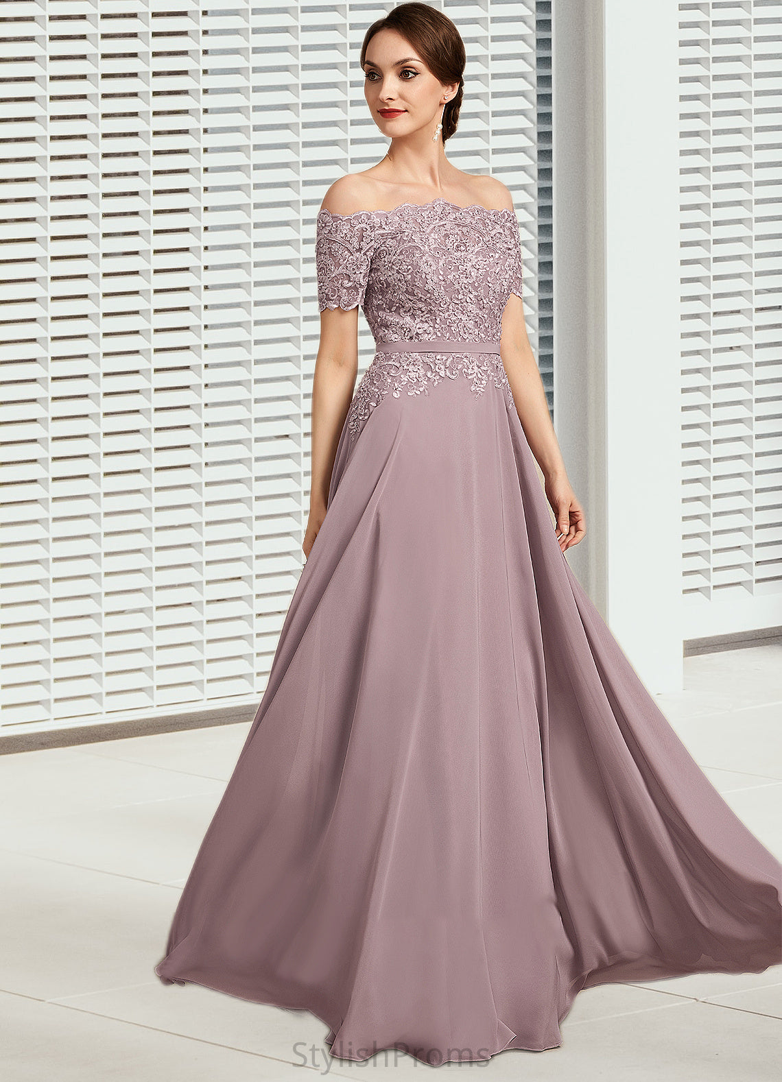 Evelyn A-Line Off-the-Shoulder Floor-Length Chiffon Lace Mother of the Bride Dress With Beading Sequins HQ126P0014785