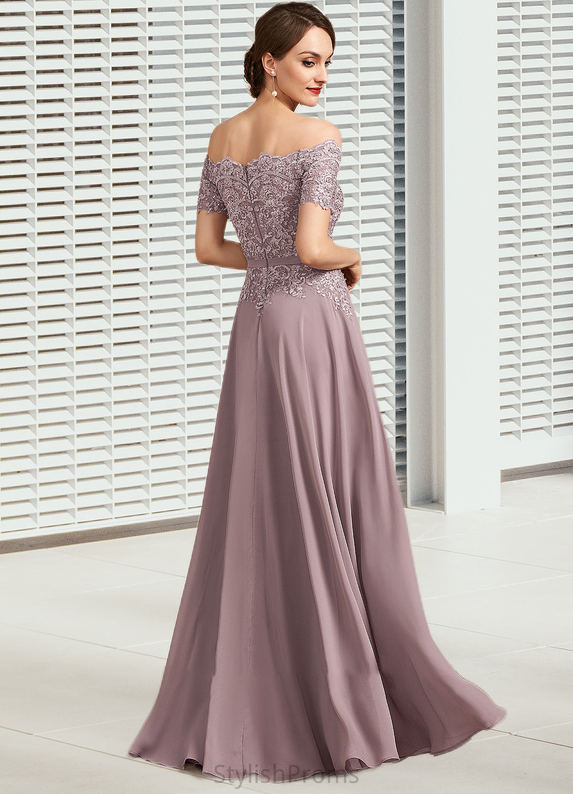 Evelyn A-Line Off-the-Shoulder Floor-Length Chiffon Lace Mother of the Bride Dress With Beading Sequins HQ126P0014785