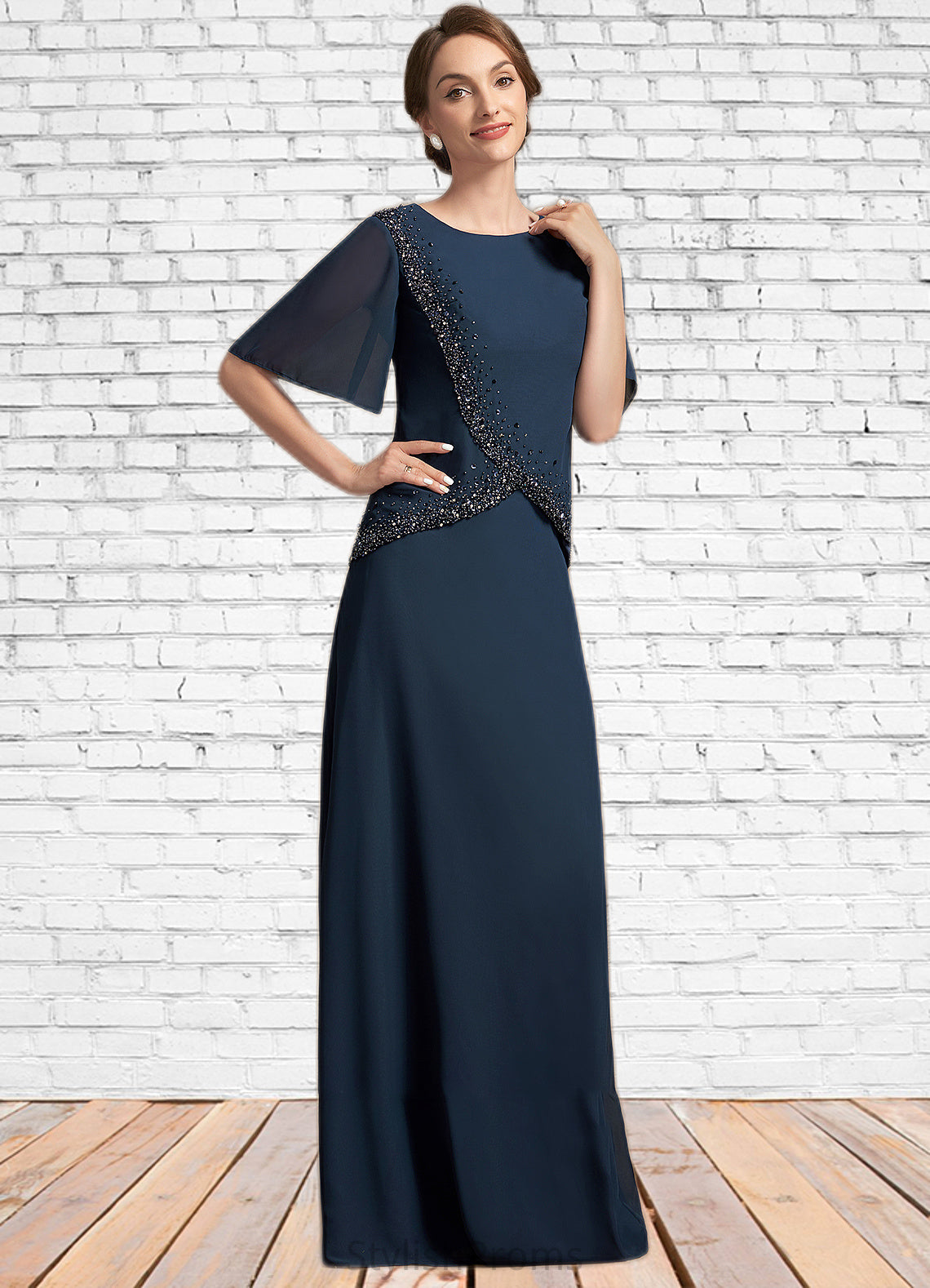 Charlee A-Line Scoop Neck Floor-Length Chiffon Mother of the Bride Dress With Beading Sequins HQ126P0014787